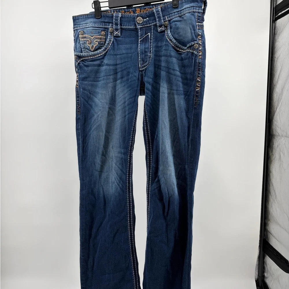 Rock Revival Jean Men's NERO Slim‎ Boot Size 34x32 Blue Wash White Stitch